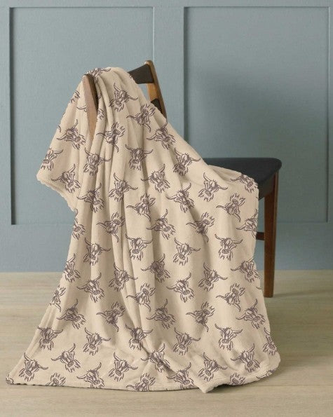 Highland Cow Fleece Blanket Throw - Natural
