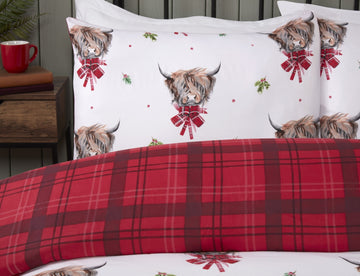 Tartan Check Highland Cow Duvet Cover Set, Single, Red