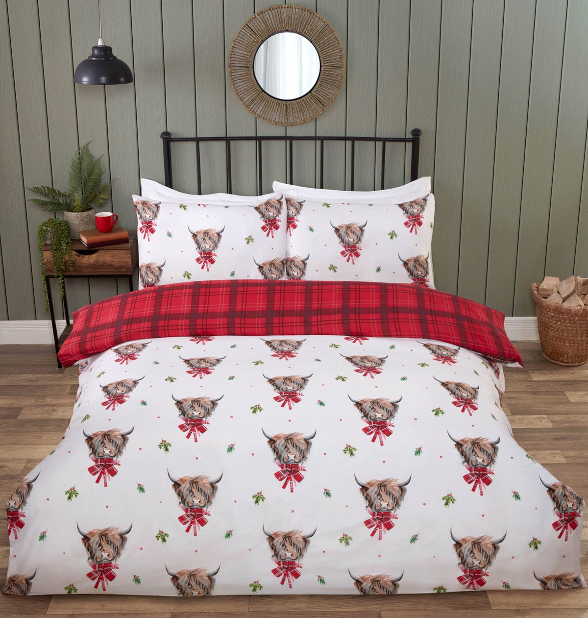 Tartan Check Highland Cow Duvet Cover Set, Double, Red