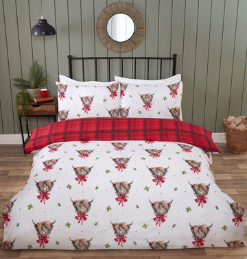 Tartan Check Highland Cow Duvet Cover Set, Double, Red