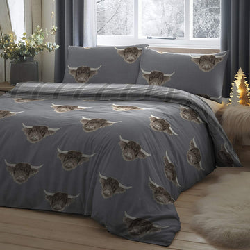 Highland Cow Scottish Tartan Check Double Duvet Cover Set - Grey
