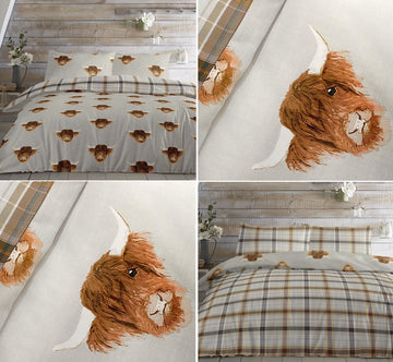 Highland Cow Scottish Tartan Check Single Duvet Cover Set - Grey & Ochre