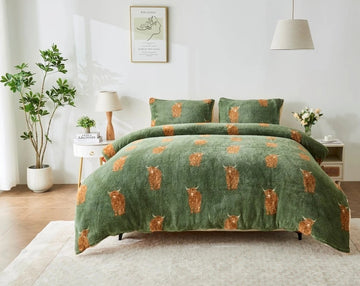 Highland Cow Teddy Duvet Cover Set, Single, Green