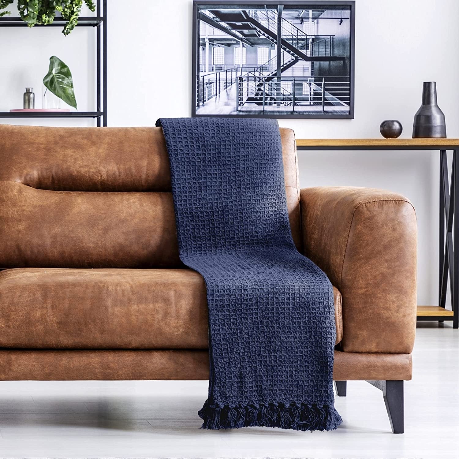 Navy Honeycomb Tassel Throw