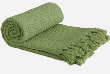 Cotton Honeycomb Pistachio Green Fringe Tassel Furniture Blanket