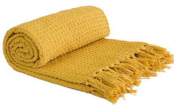 Mustard Yellow Honeycomb Tassel Throw