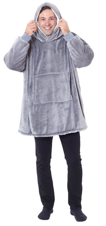 Reversible Oversized Sherpa Hoodie Blanket, Grey