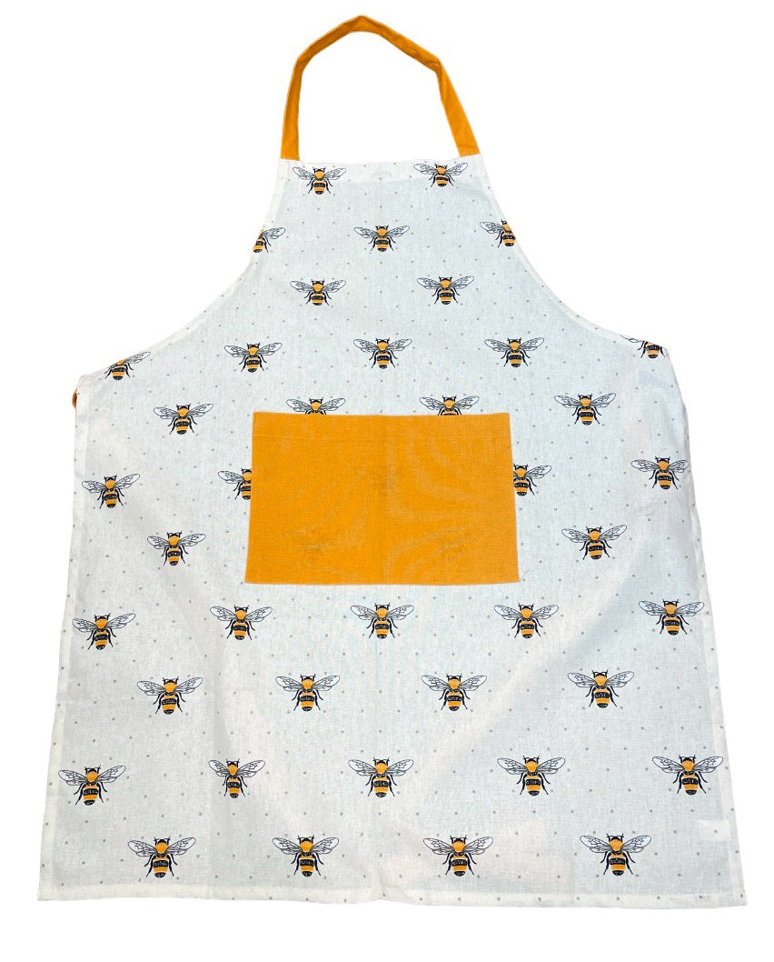 Honey Bee Apron With Pocket 100% Cotton - Yellow & Natural