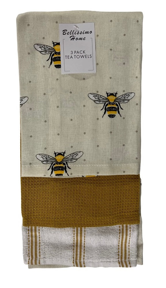 3pk Honey Bee Kitchen Tea Towel - Yellow & Natural