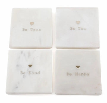 Set of 4 White  Marble Coasters - Heart