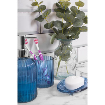 3Pcs Glass Bathroom Set Stripe Blue Soap Dish Toothbrush Holder Bottle Dispenser