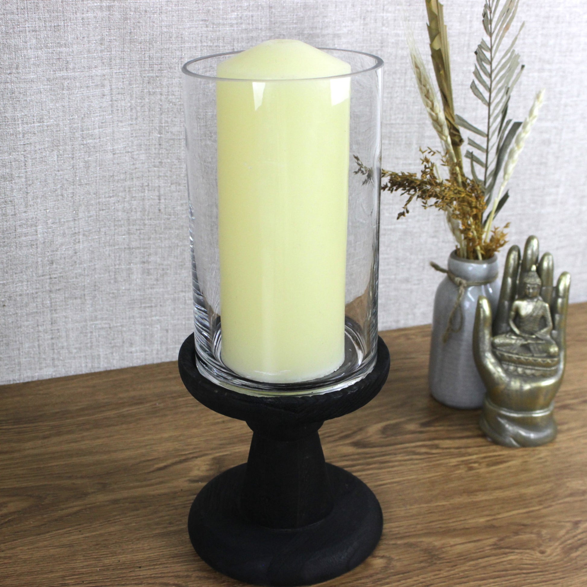 Wooden Candle Tea Light Dark Brown Holder Wooden Stand Glass Home Decorative