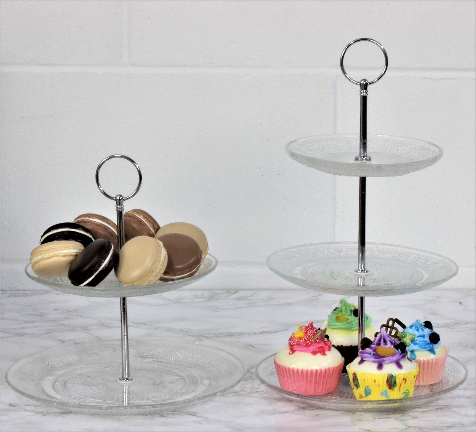 Set of 2 3-Tier Round Clear Glass Cake Stand