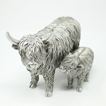 Silver Highland Standing Cow And Calf Ornament Gift Box