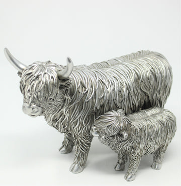 Silver Highland Standing Cow And Calf Ornament Gift Box