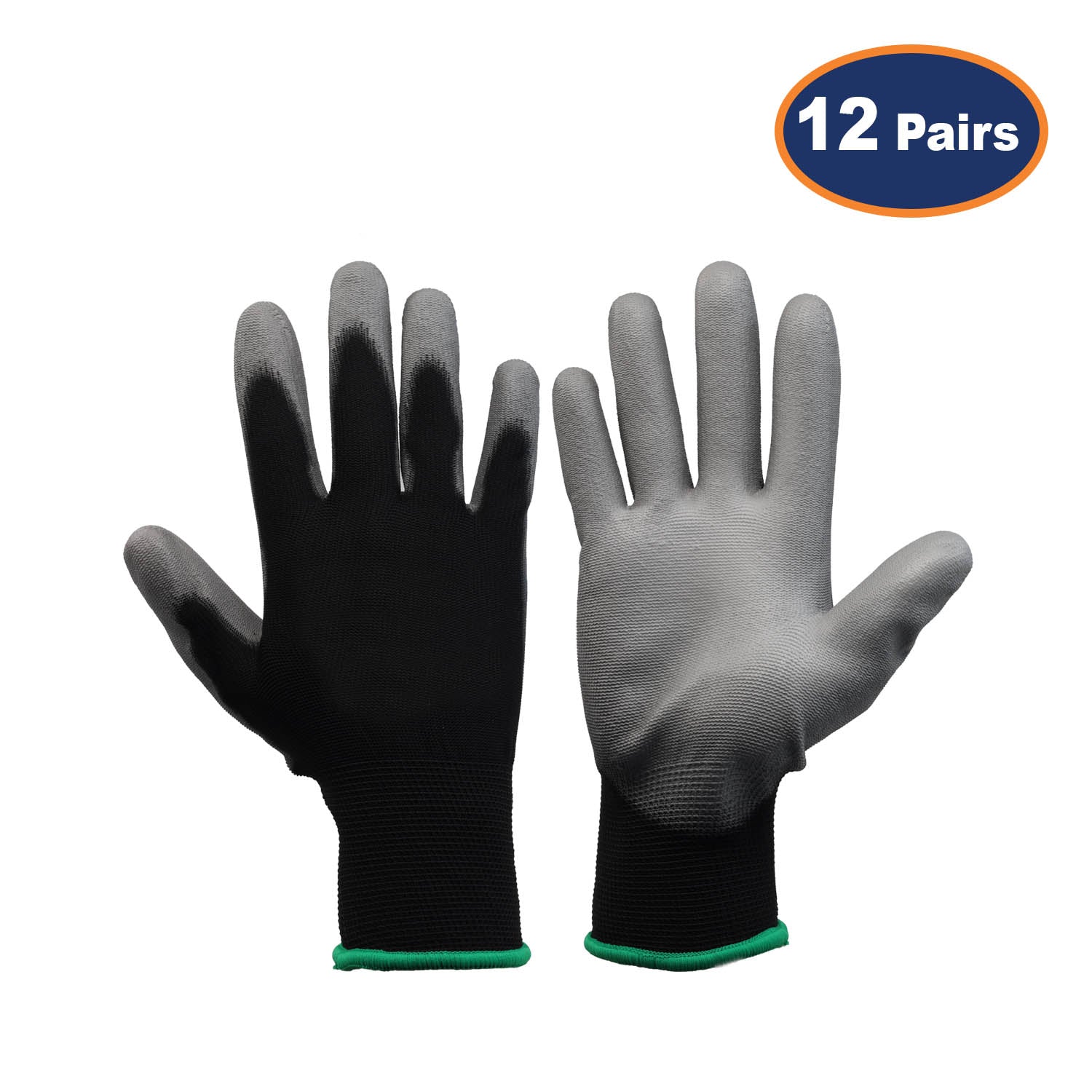 12Pcs Medium Size PU Palm Black/Grey Safety Glove