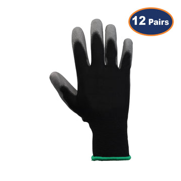 12Pairs 2XL Black & Grey Non-Slip PU Palm Coated Work Gloves