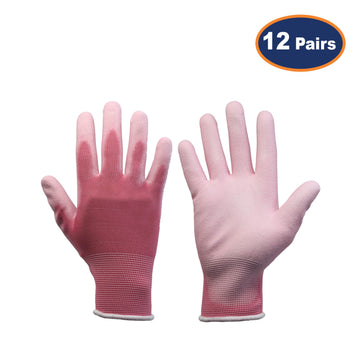 12Pairs Large Pink Non-Slip PU Palm Coated Work Gloves
