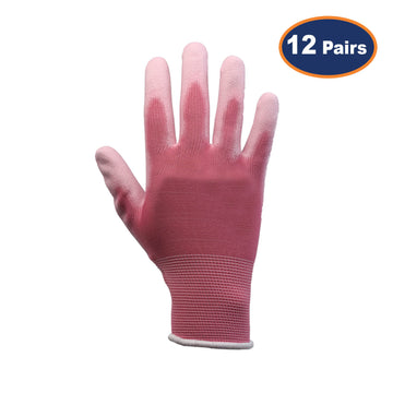 12Pairs Large Pink Non-Slip PU Palm Coated Work Gloves