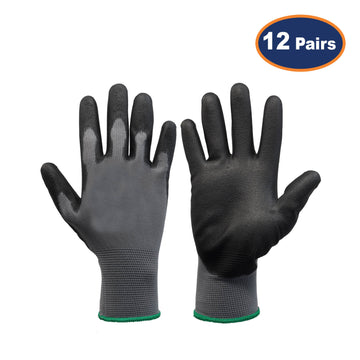 12Pairs Medium Grey & Black Non-Slip PU Palm Coated Work Gloves