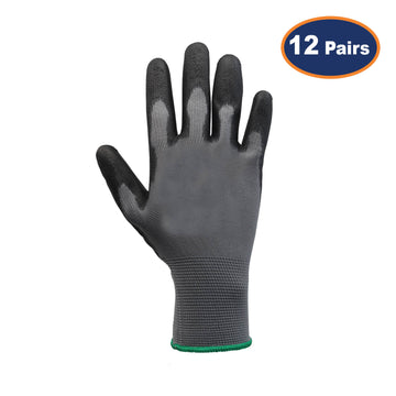 12Pairs Medium Grey & Black Non-Slip PU Palm Coated Work Gloves