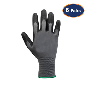 6Pairs Medium Grey & Black Non-Slip PU Palm Coated Work Gloves