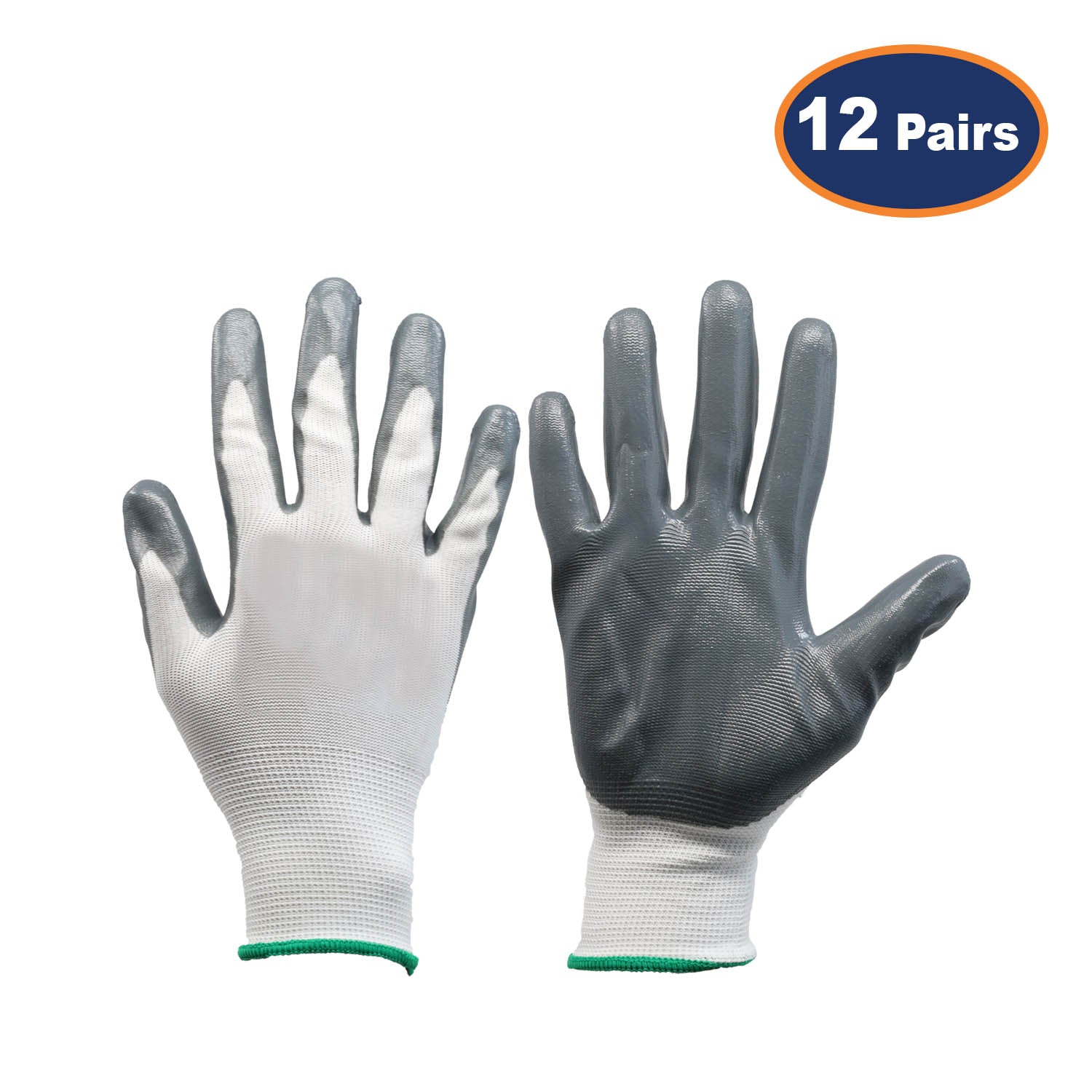 12Pcs Medium Size Grey/White Nitrile Flexi Grip Work Gloves
