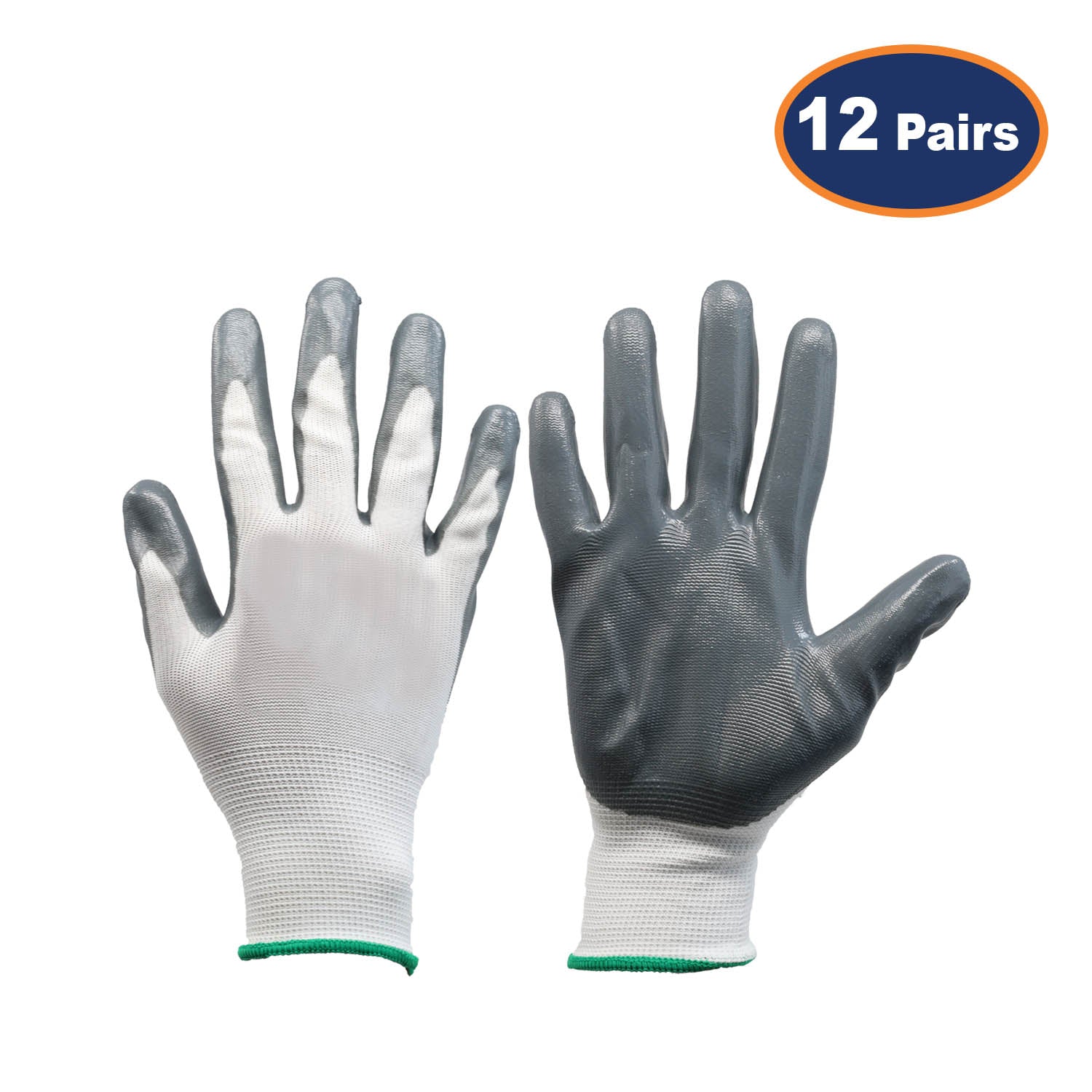 12Pcs Large Size Grey/White Nitrile Flexi Grip Work Gloves