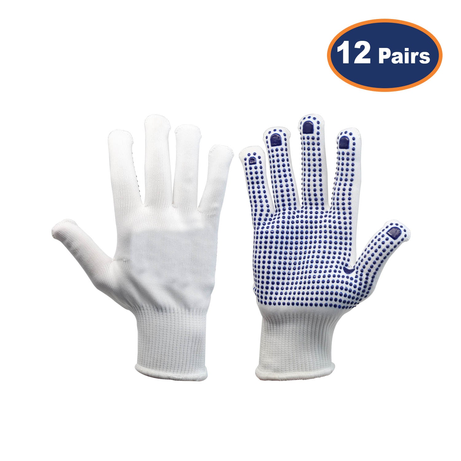 12Pcs Medium Size Polka Dot White/Blue Work Gloves