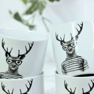 Set of 4 Sabichi White Black Porcelain Animal Print Tea Cups