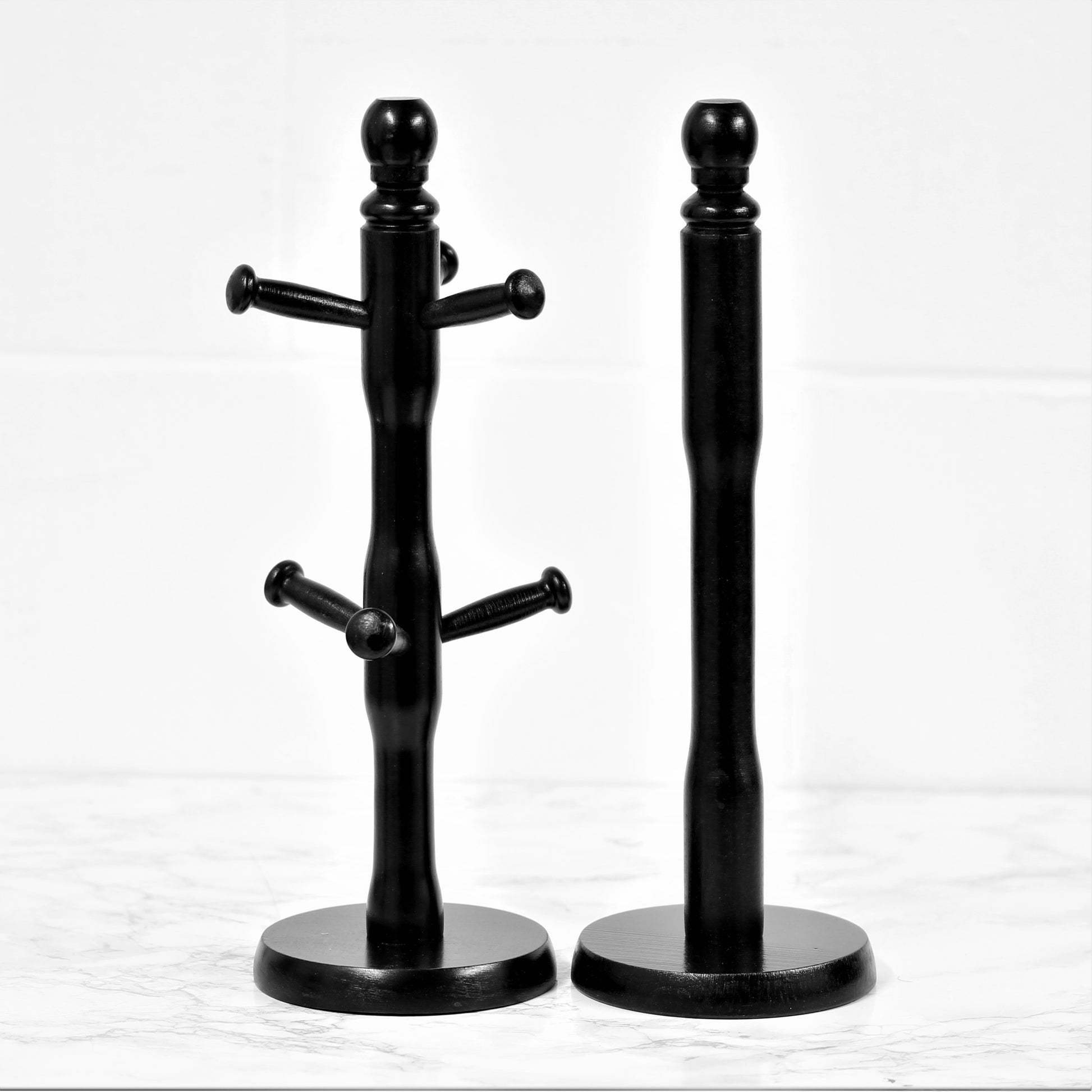 Set Of Black Wooden Paper Towel Holder & Mug Tree Stand