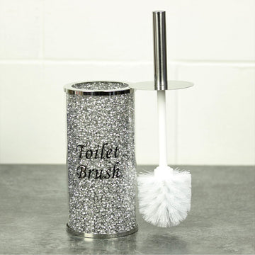 Glass Mirror Crushed Diamond Bathroom Toilet Brush & Holder Set