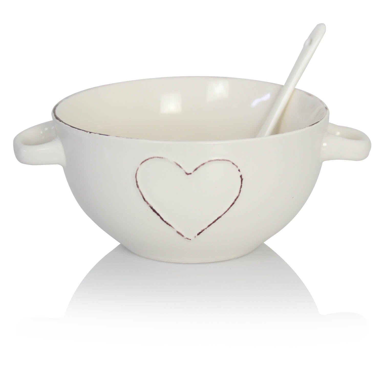 Cream Stoneware Heart Serving Bowl w/ Handle & Spoon