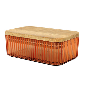2Pcs Samba 500ml Clear Orange Ribbed Butter Dish With Wood Lid