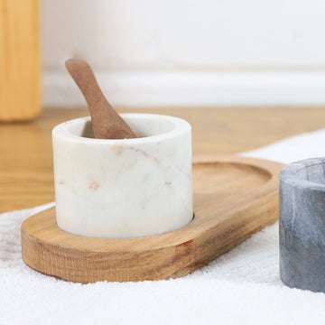 Marble Salt & Pepper Cellar Bowl Set With Spoon and Tray
