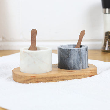 Marble Salt & Pepper Cellar Bowl Set With Spoon and Tray