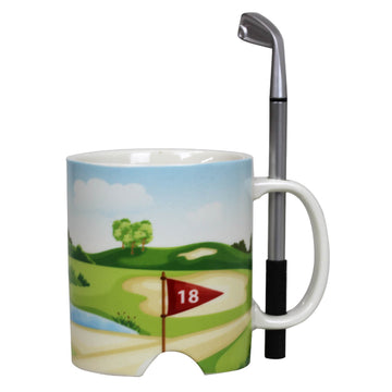 325ml Ceramic Golf Course Print Design Drinking Coffee Drinks Cup Mug with Pen