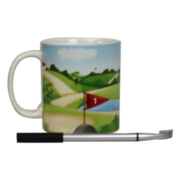 325ml Ceramic Golf Course Print Design Drinking Coffee Drinks Cup Mug with Pen