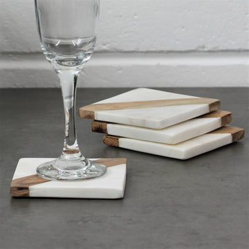 Set of 4 Wood Cream Marble Square Inlay Coasters