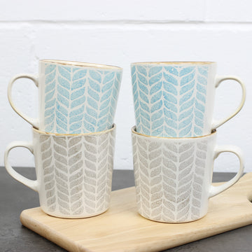 Set of 4 Blue Brown Stoneware Reactive Glaze Mugs Leaves
