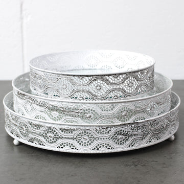 Set of 3 Mirror Glass Distressed White Metal Candle Trays