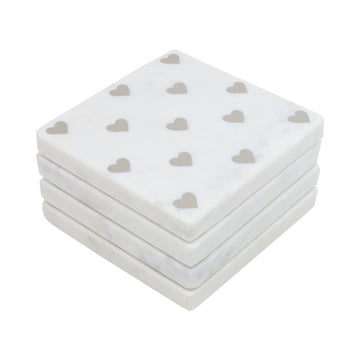 Set Of 4 White Marble Heart Coasters