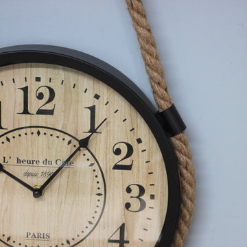 33cm Iron Framed Wooden Round Industrial Pulley & Rope Hanging Wall Clock