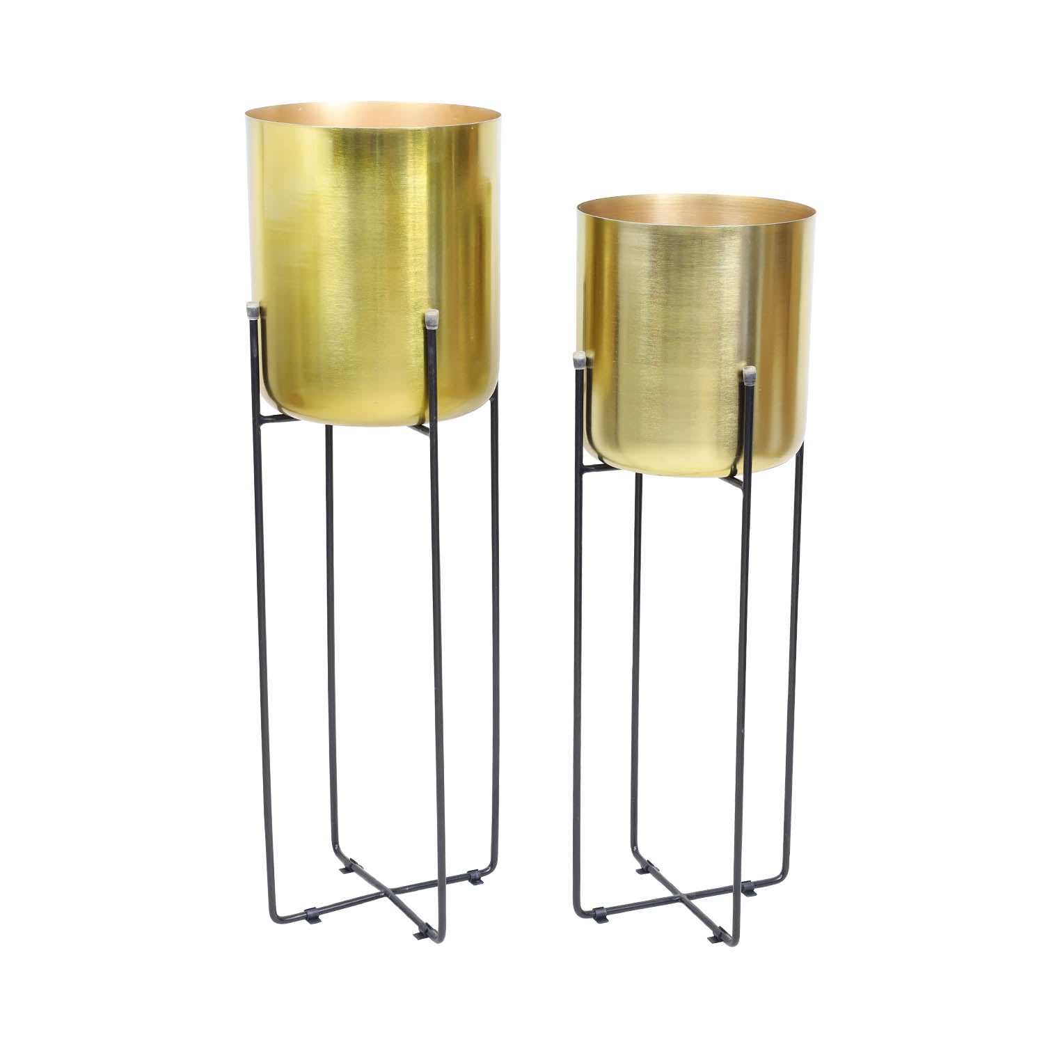 Set Of 2 Brass Indoor Planters With Display Stand