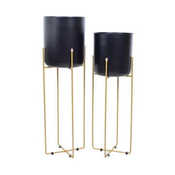 Set Of 2 Black Indoor Planters With Display Stand