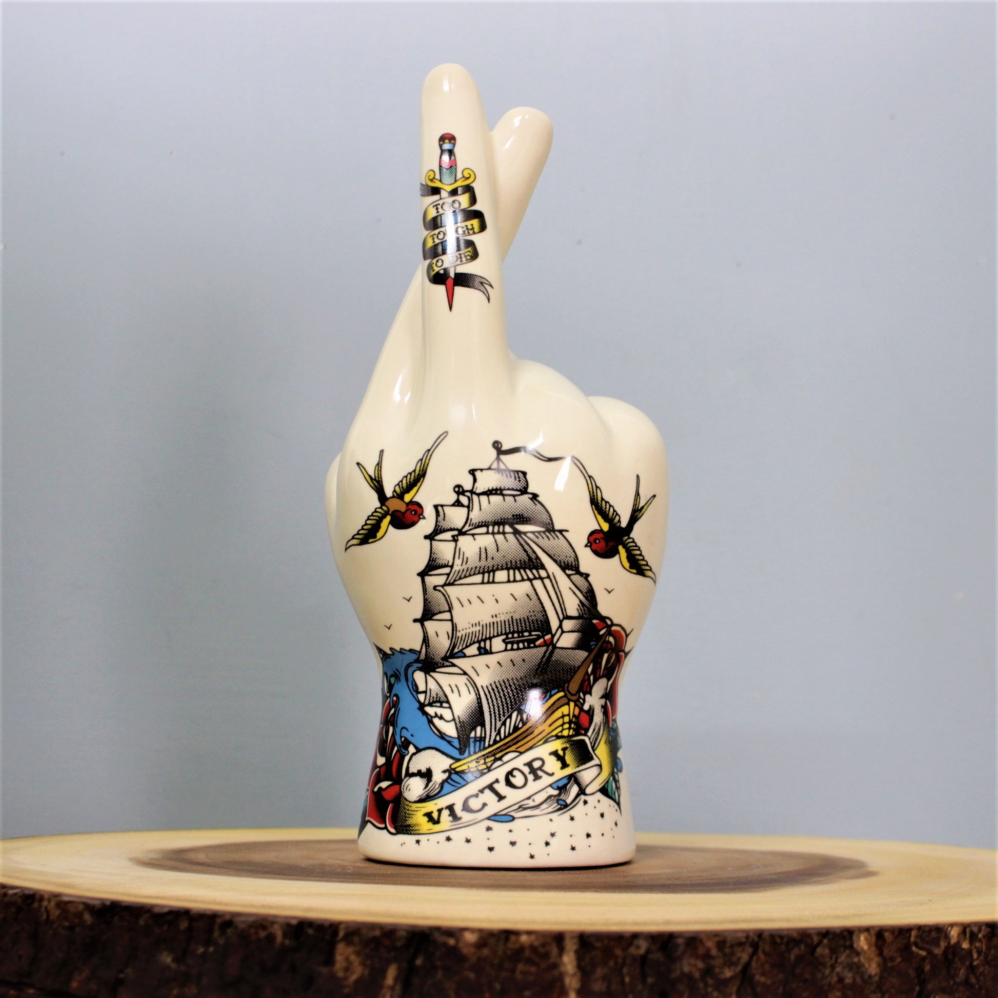 Porcelain Vase Palmistry Hand Tattooed Cream Flower Plant Home Décor Ornament