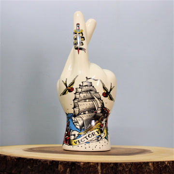 Porcelain Vase Palmistry Hand Tattooed Cream Flower Plant Home Décor Ornament