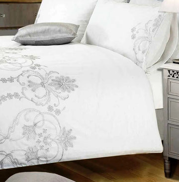 Luxury Embroidered Damask Duvet Cover Set, King, White & Grey