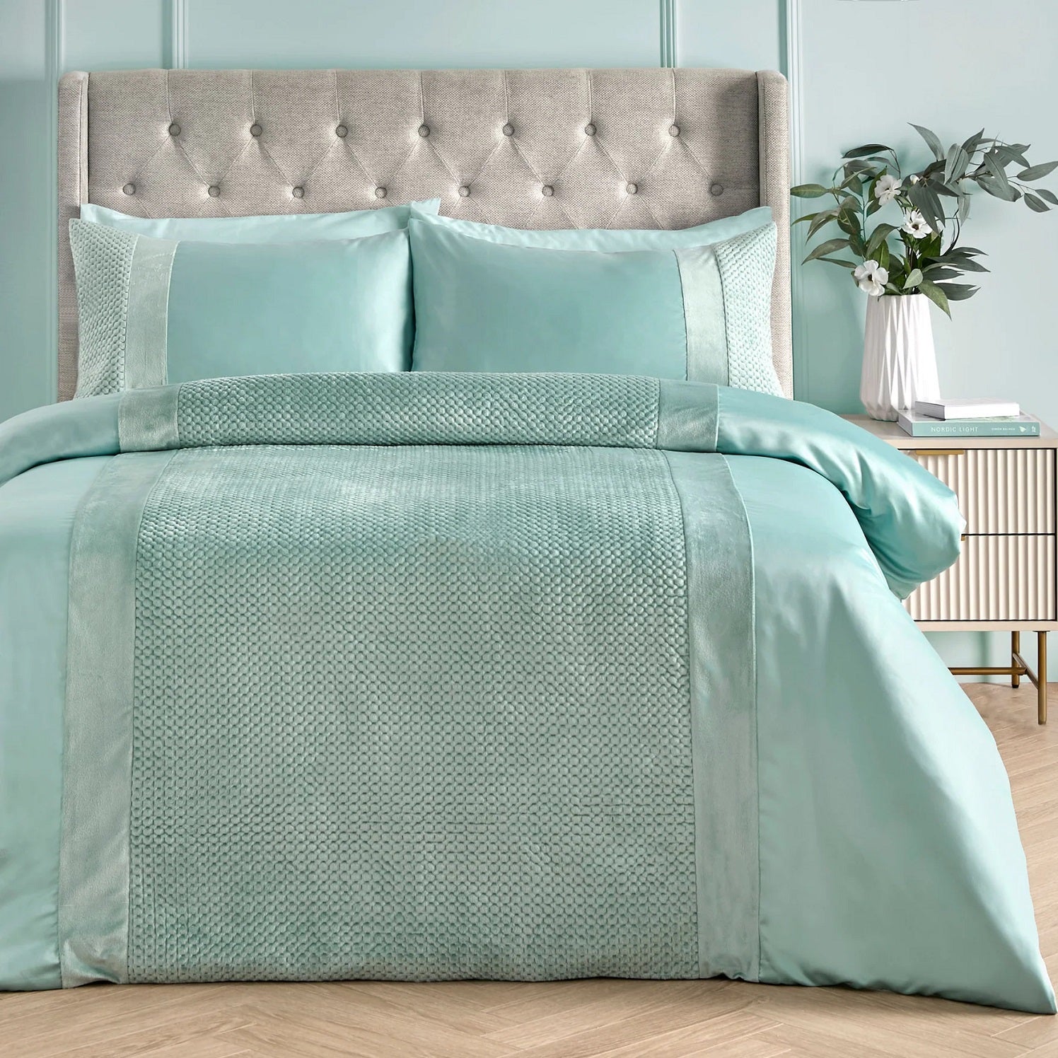 Velvet Satin Duvet Cover Set with Pinsonic Quilt Detail, Double, Duckegg