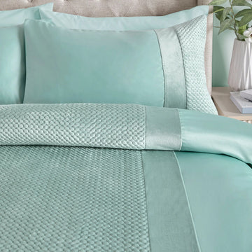 Velvet Satin Duvet Cover Set with Pinsonic Quilt Detail, Super King, Duckegg